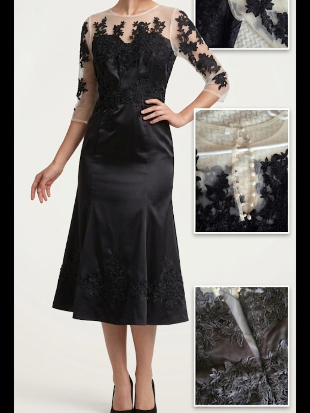 Elegant Black Lace Appliqué Midi Dress